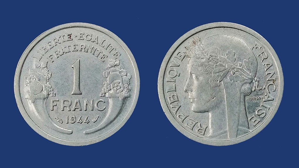 Монеты номиналом в 1 франк оккупированной Франции и фашистского режима Виши. Алюминий. 1944 год.
