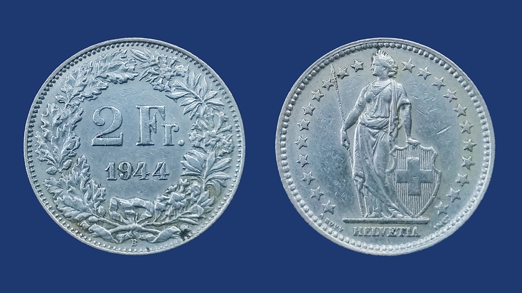 2 швейцарских франка. Серебро. 1944 год.