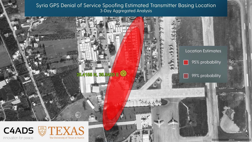 Источник GPS-спуфинга на авиабазе Хмеймим по версии Центра перспективных оборонных исследований США.