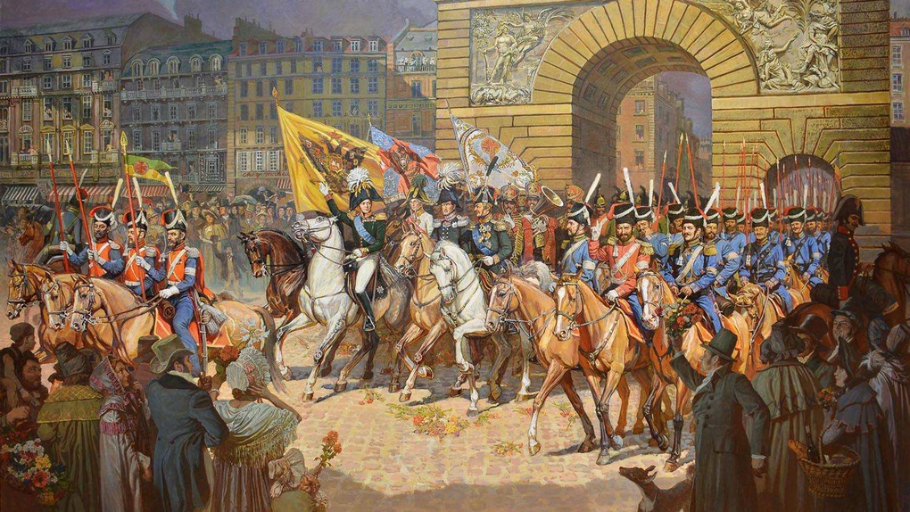 Александр I триумфально въезжает в Париж во главе русских войск.