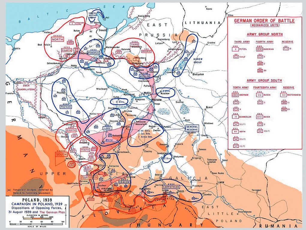 Карта польской кампании 1939 года. Синим цветом обозначены германские войска, красным - словацкие.