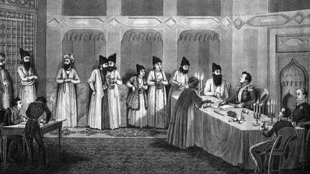 Иван Паскевич и Аббас-Мирза подписывают мирный договор в Туркманчае 10 февраля 1828 года.
