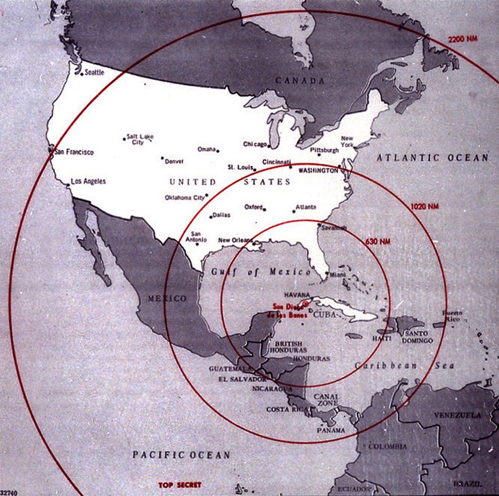 Карта поражения с Кубы территории США ракетами Р-12 (средний радиус) и Р-14 (большой радиус).