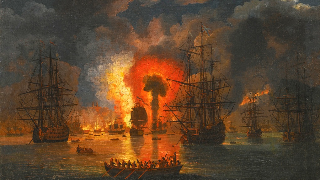 Уничтожение турецкого флота в Чесменской бухте (картина Якоба Филиппа Хаккерта).
