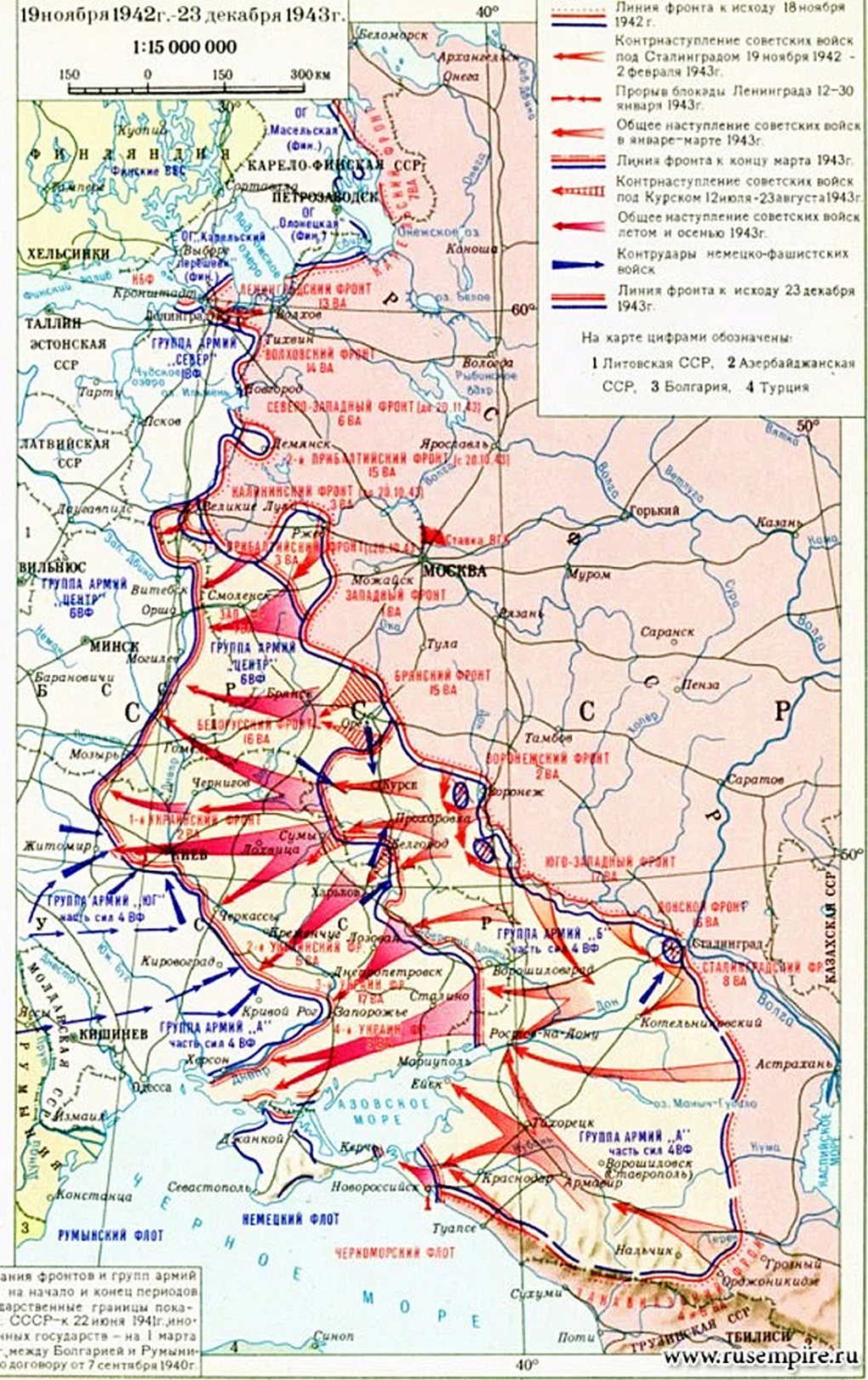 Линия фронта к концу 1943 года.