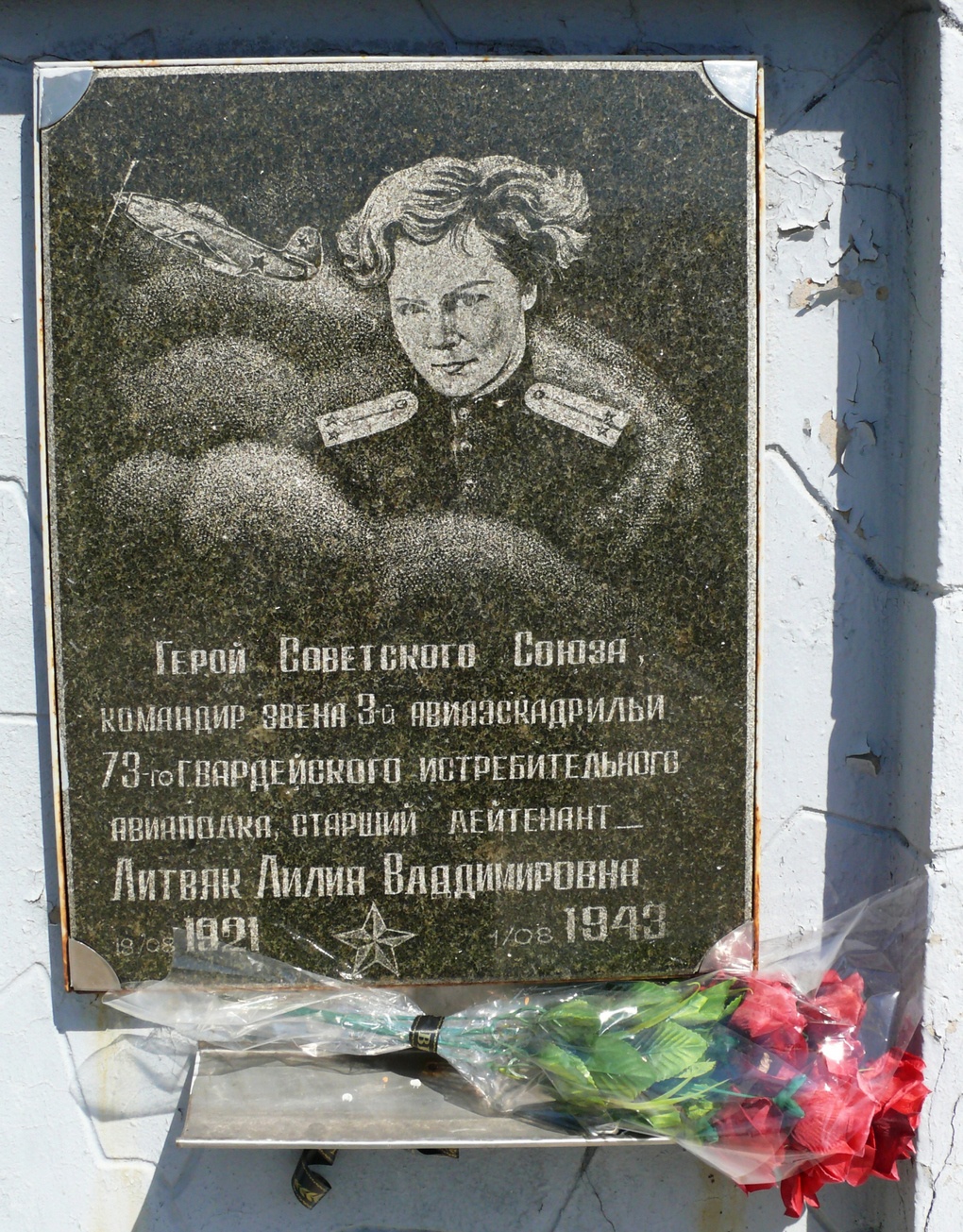 Мемориальная доска на месте захоронения Л. Литвяк в с. Дмитровка Донецкой области.
