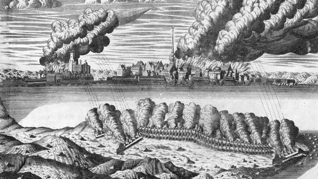 Артиллерийская бомбардировка Выборга в 1710 году (старинная гравюра).