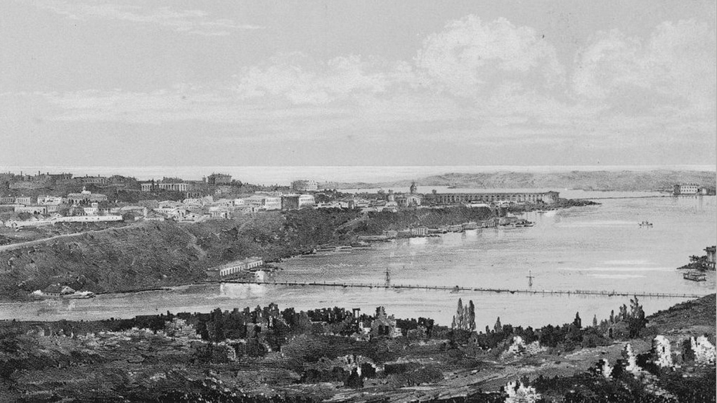 Понтонный мост через Севастопольскую бухту 1855 год (Д. Робертсон).