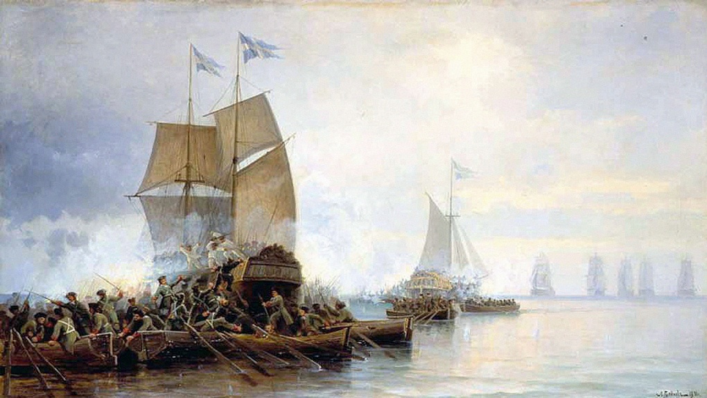 Взятие шведских кораблей в устье Невы (картина Л.Д. Блинова).