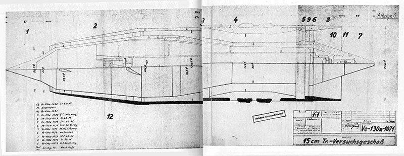 Чертеж 150мм снаряда с воздушно-реактивным двигателем инженера Вольфа Троммсдорффа .