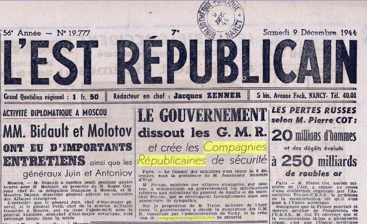 В 1944 г. была создана новая структура: республиканские роты безопасности, или CRS (Compagnies Républicaines de Sécurité).