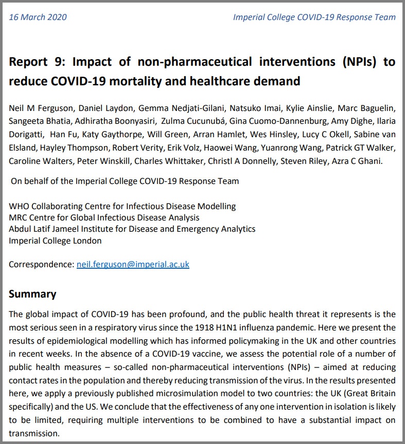 Отчёт группы реагирования на COVID-19 Имперского колледжа в Лондоне от 16 марта 2020 года.