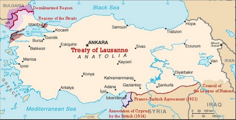 Границы Турции по Лозаннскому договору.