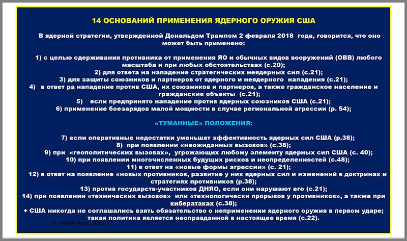 Стратегия США предусматривает использование национальных ядерных потенциалов в 14 обозначенных случаях.