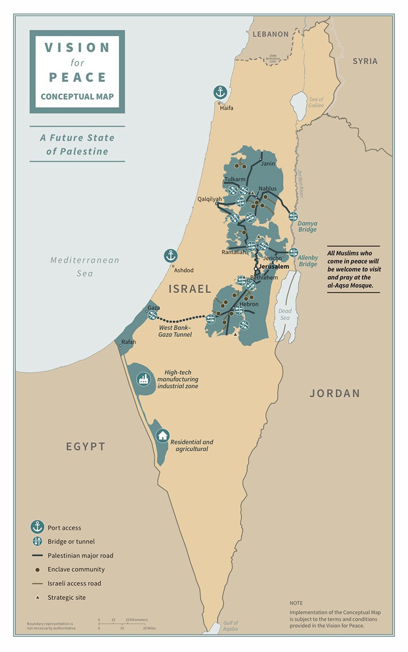 Карта плана урегулирования между Израилем и Палестиной, предложенного Трампом.