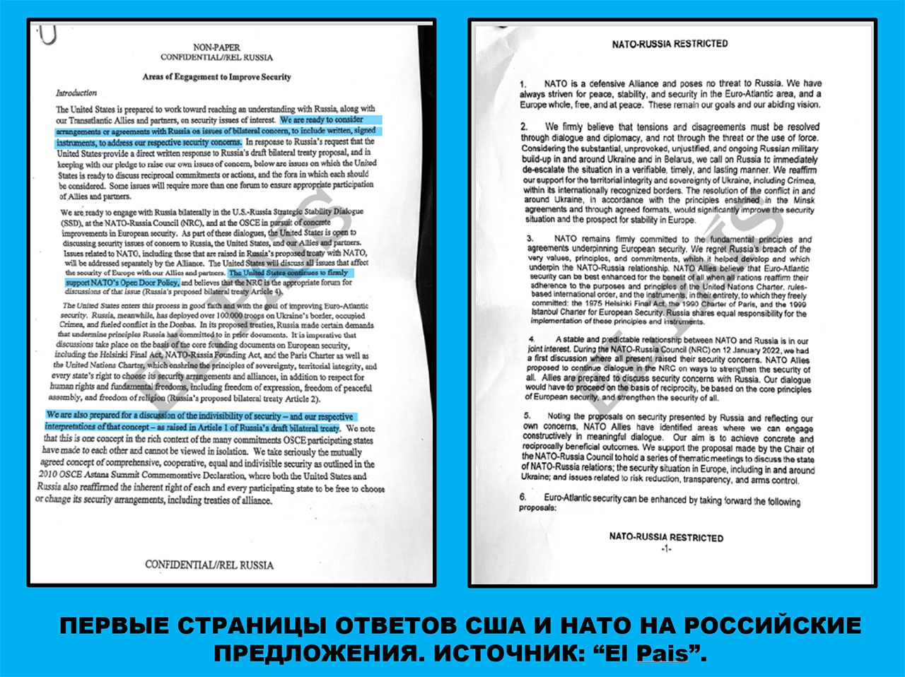 Первые страницы ответов США и НАТО на российские предложения. Источник: «Эль Паис». 