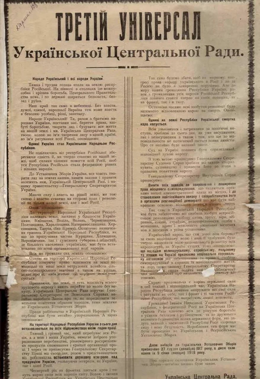 20 ноября 1917 г. Центральная рада приняла III Универсал, в котором провозгласила Украинскую Народную Республику как федеративную часть России.