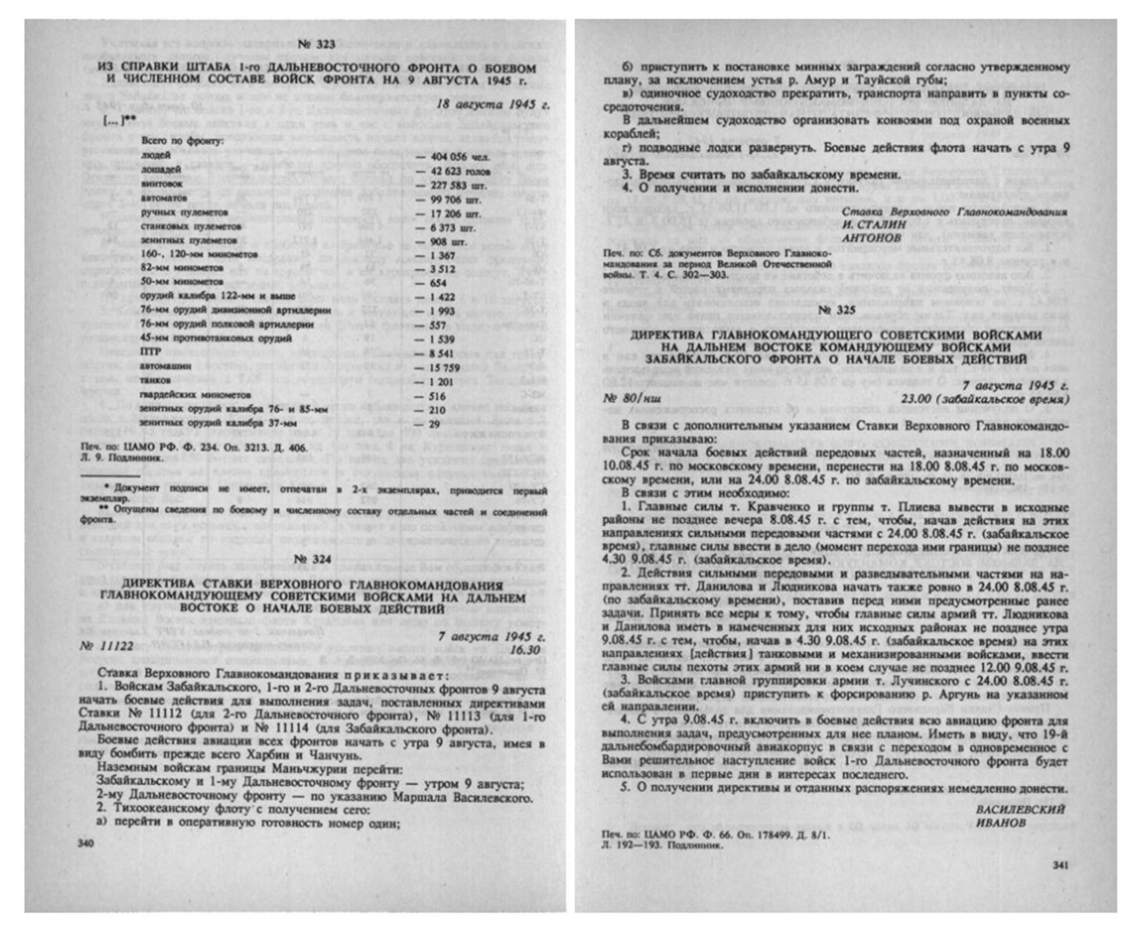 Директивы Ставки Верховного Главнокомандования о начале боевых действий на Дальнем Востоке.