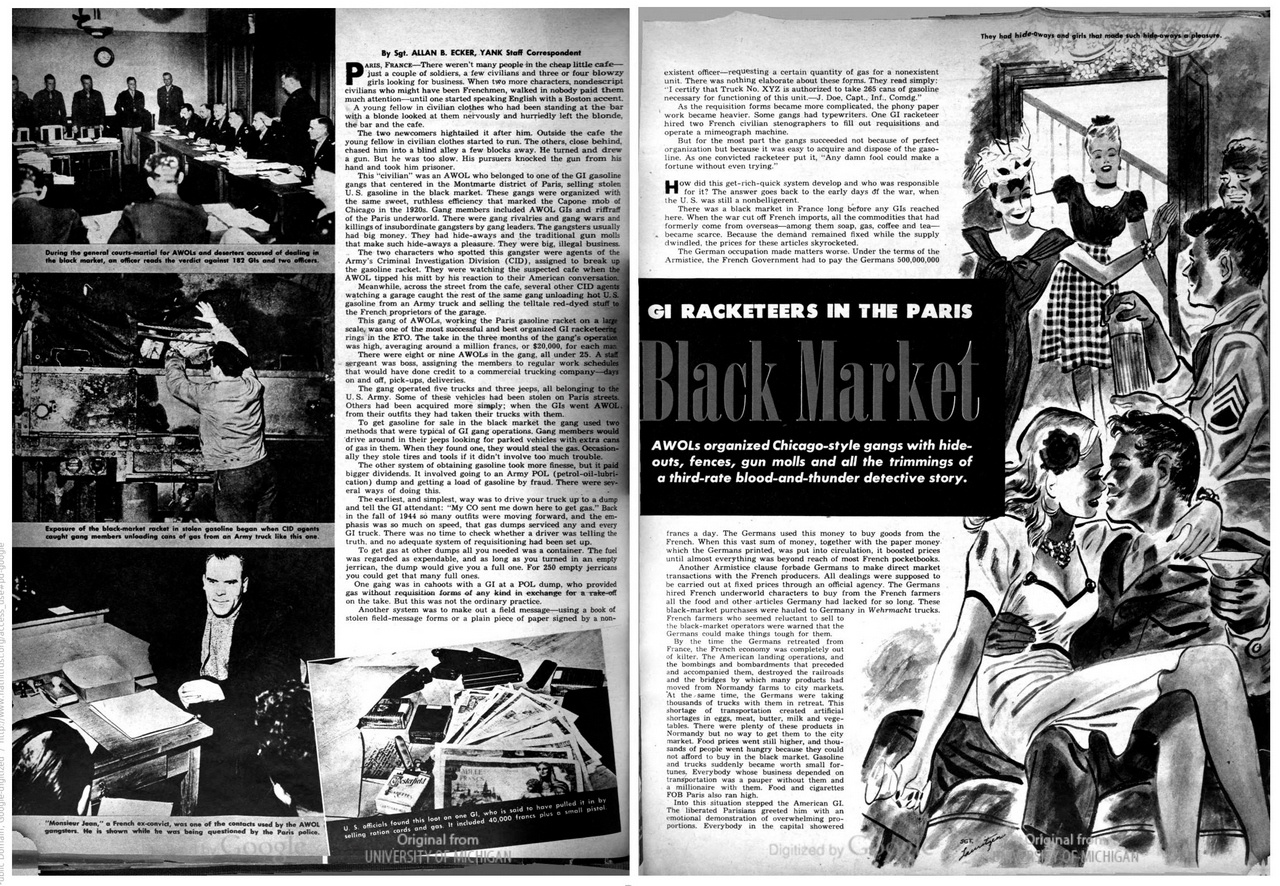Статья военного корреспондента Аллана Эккера «Военные рэкетиры на чёрном рынке в Париже» в армейском еженедельнике Yank от 4 мая 1945 года.