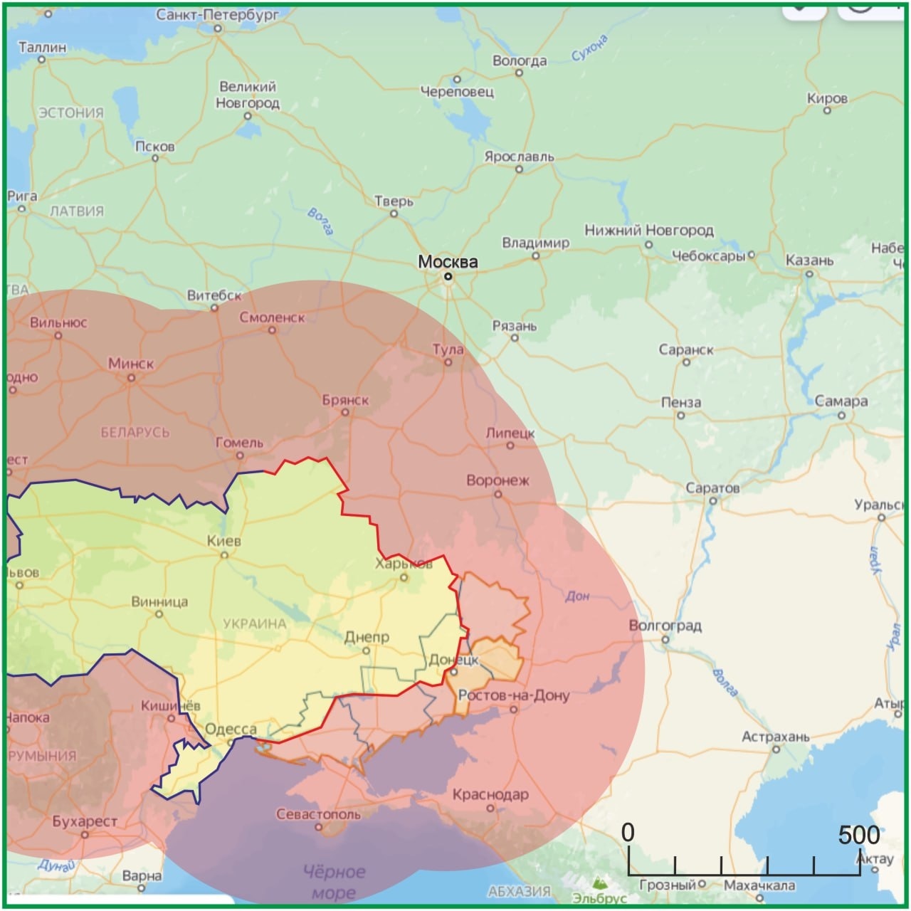 Зона досягаемости ракет 5В21 при дальности пуска 450 км.