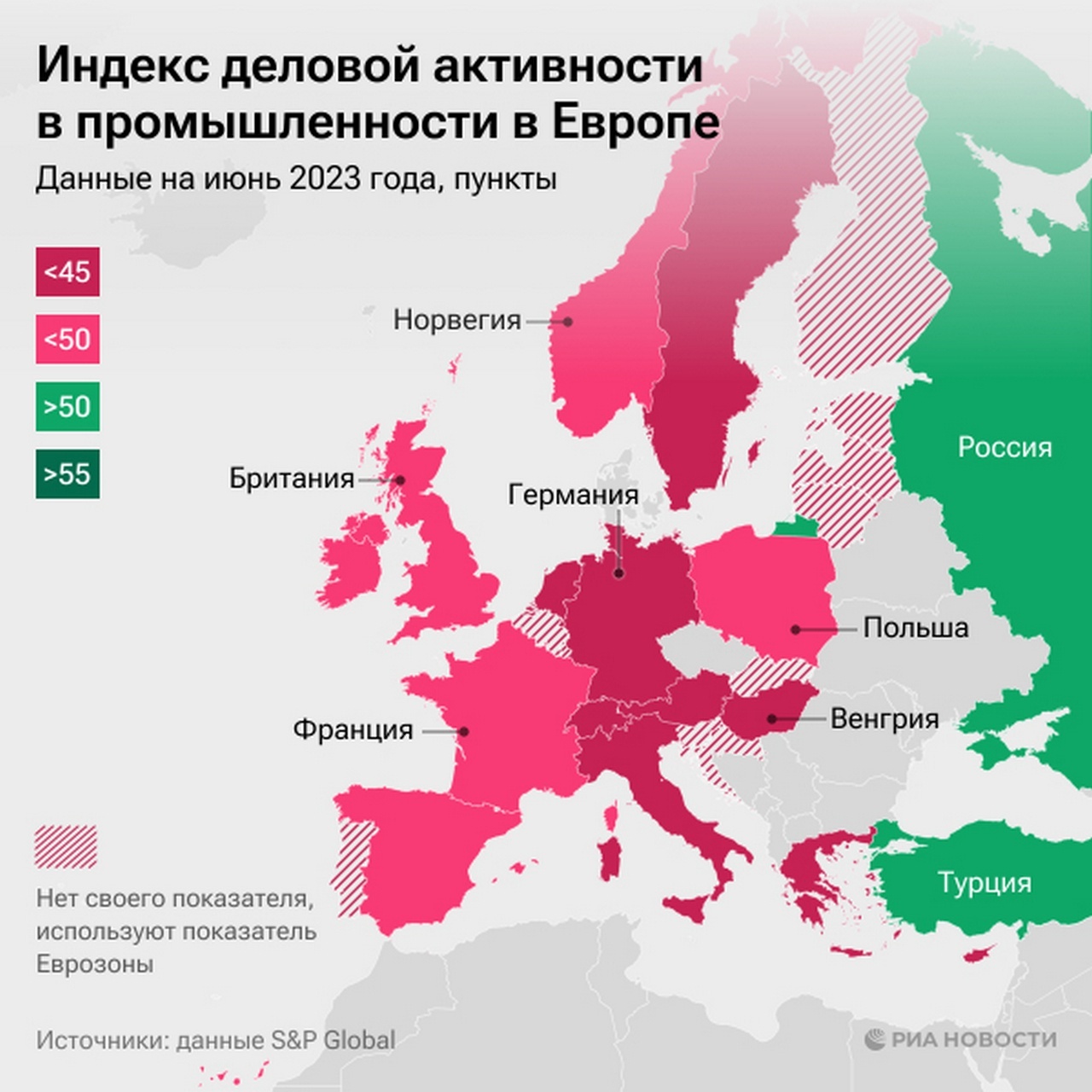 Индекс деловой активности в промышленности Европы (данные на июнь 2023 года).