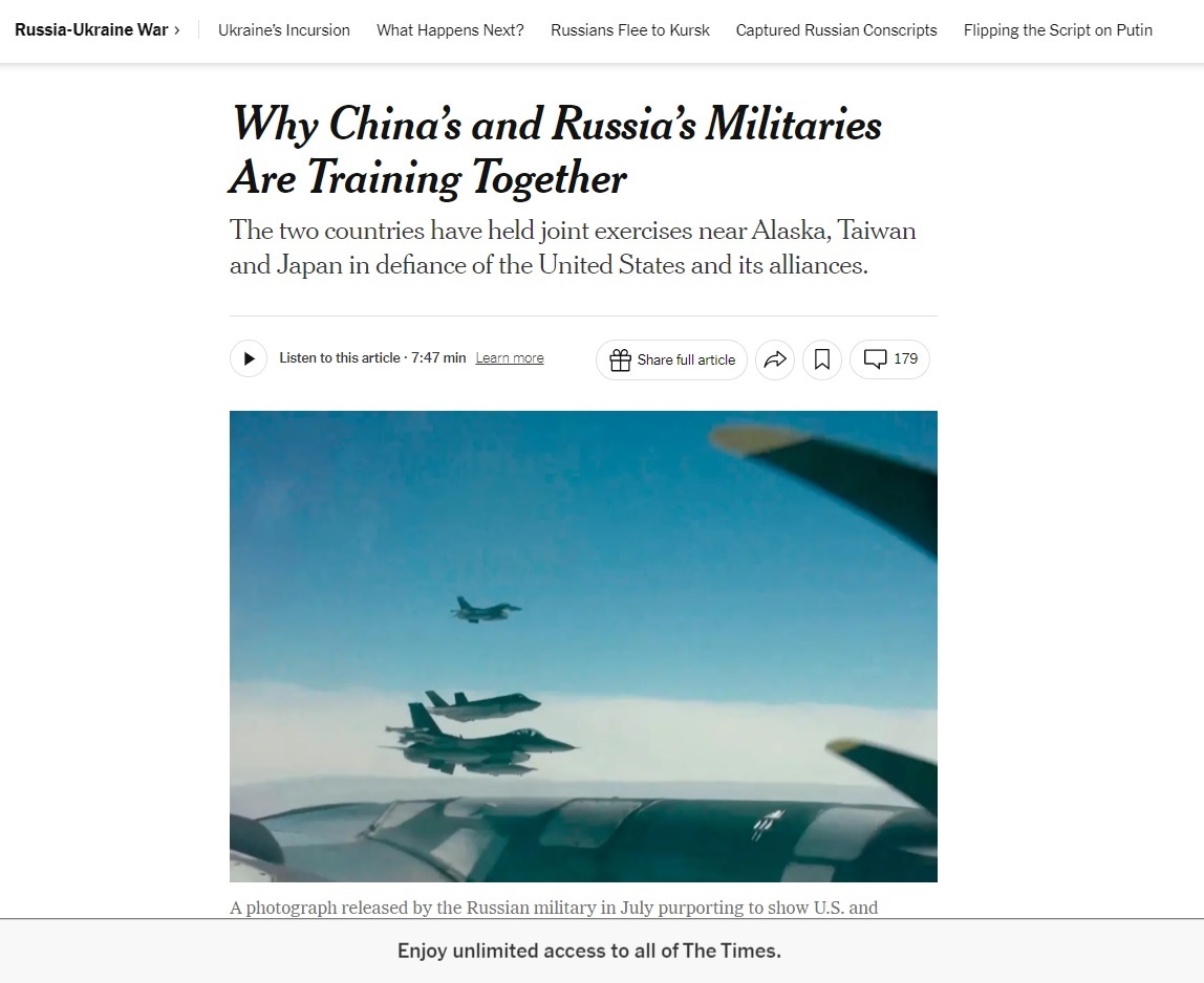 Газета The New York Times сообщила, что совместные военные учения и растущее сотрудничество России и Китая вызывает обеспокоенность в Вашингтоне.