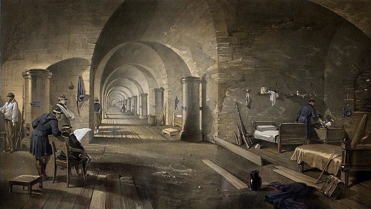 Казематы Николаевской батареи (литография Уильяма Симпсона, 1856).