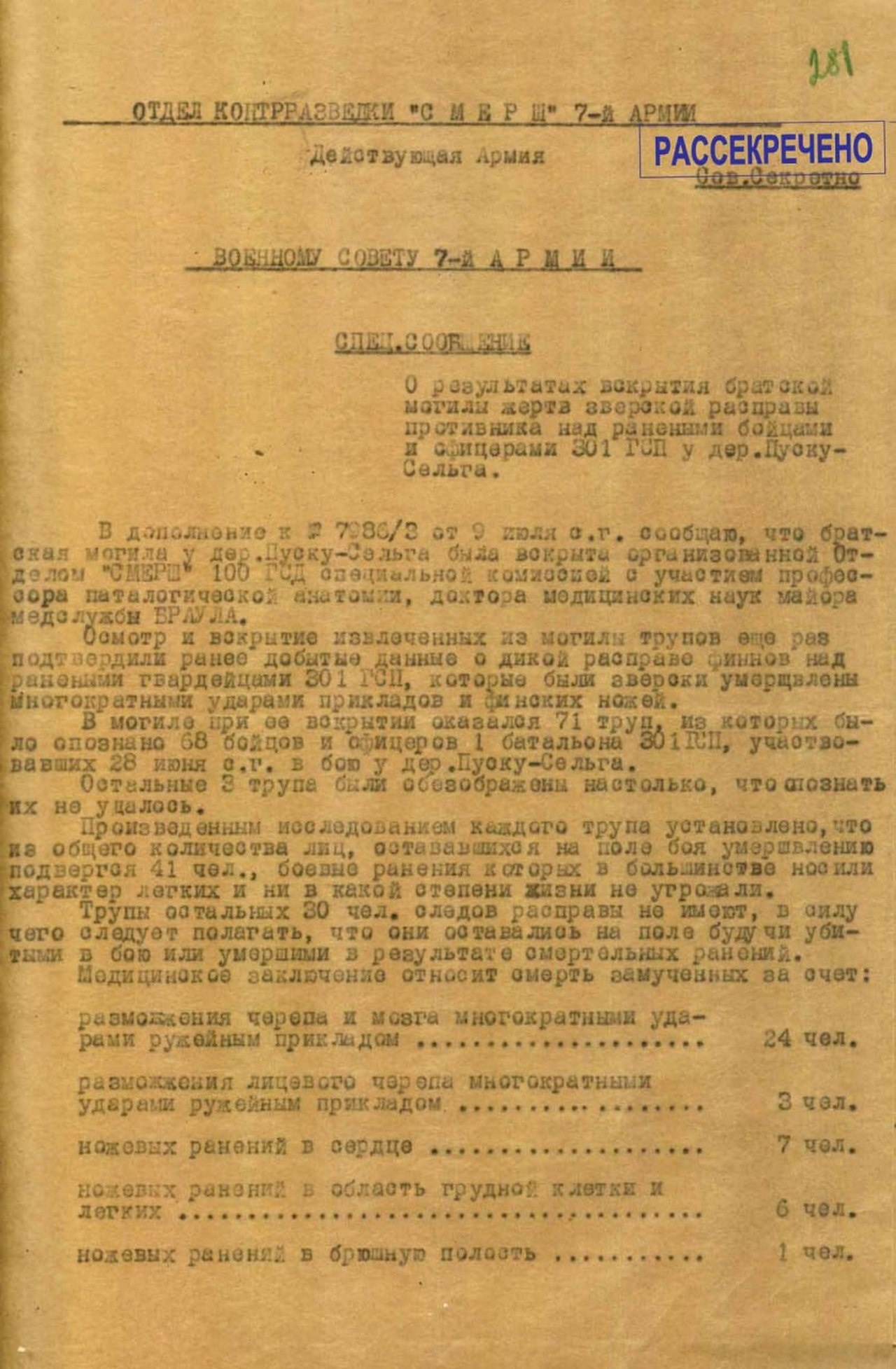 Специальное сообщение начальника Отдела контрразведки «Смерш» 7-й армии.