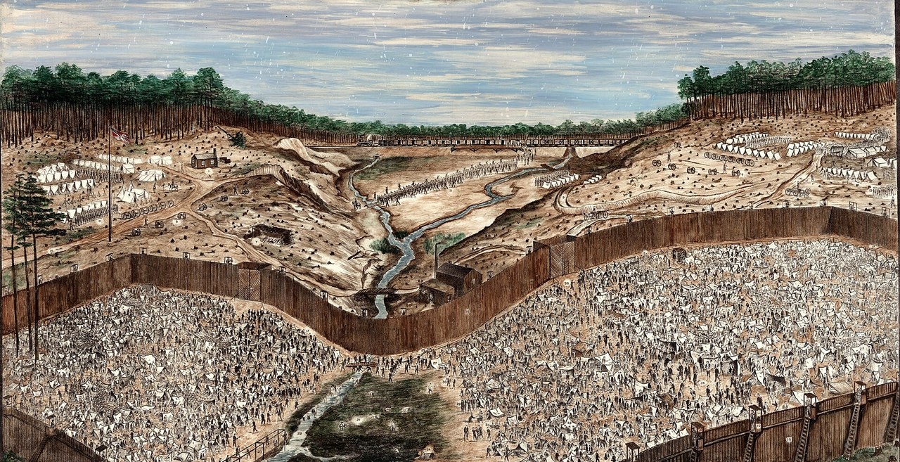 Лагерь для содержания военнопленных-северян, «тюрьма Андерсонвилл» во время Гражданской войны в США (рисунок Томаса О'Ди, бывшего заключенного).