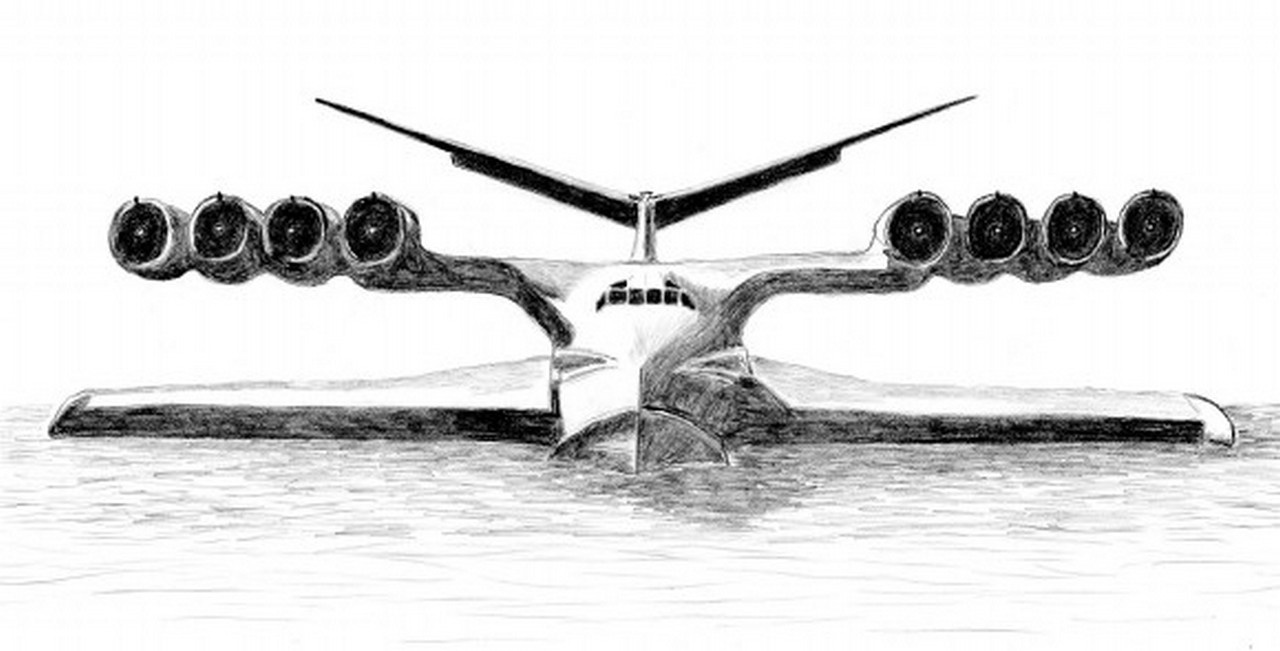 Советский экспериментальный экраноплан КМ, вид с носа, сканированный рисунок.