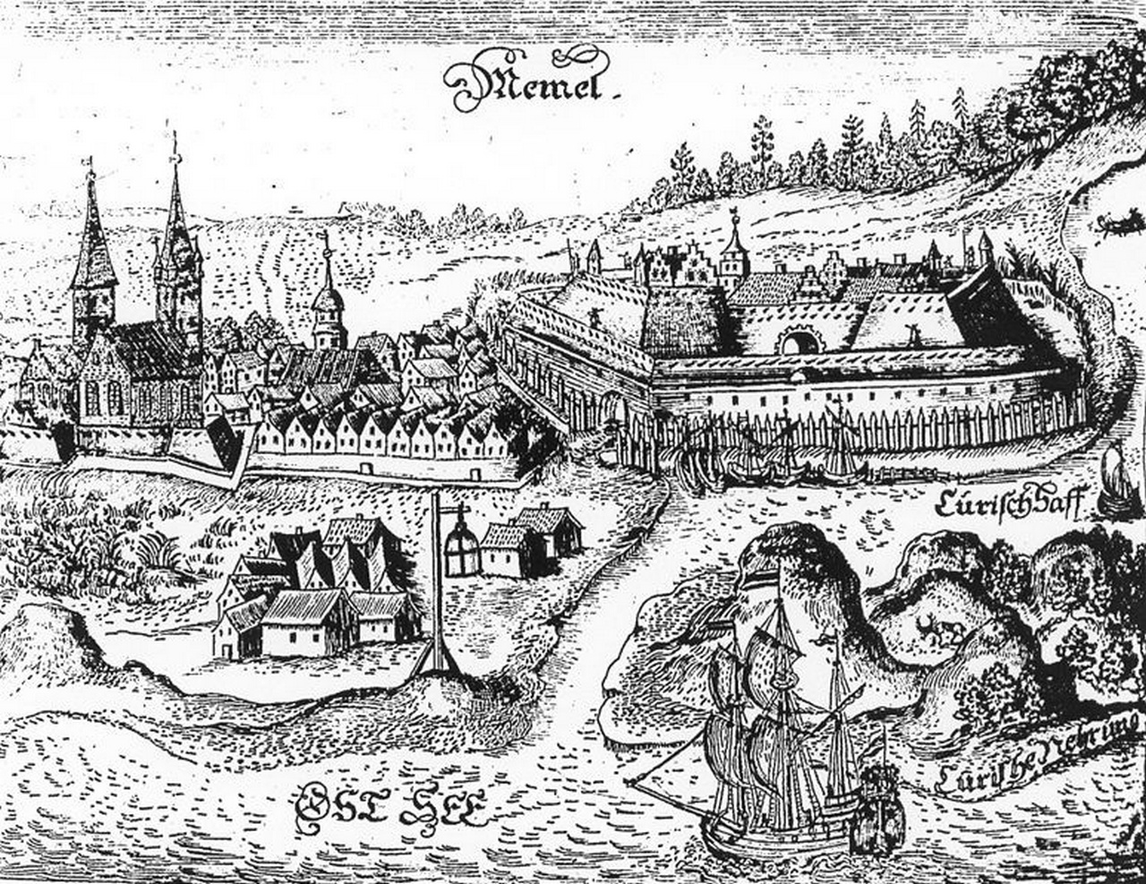 Гравюра с изображением замка и города Мемель.