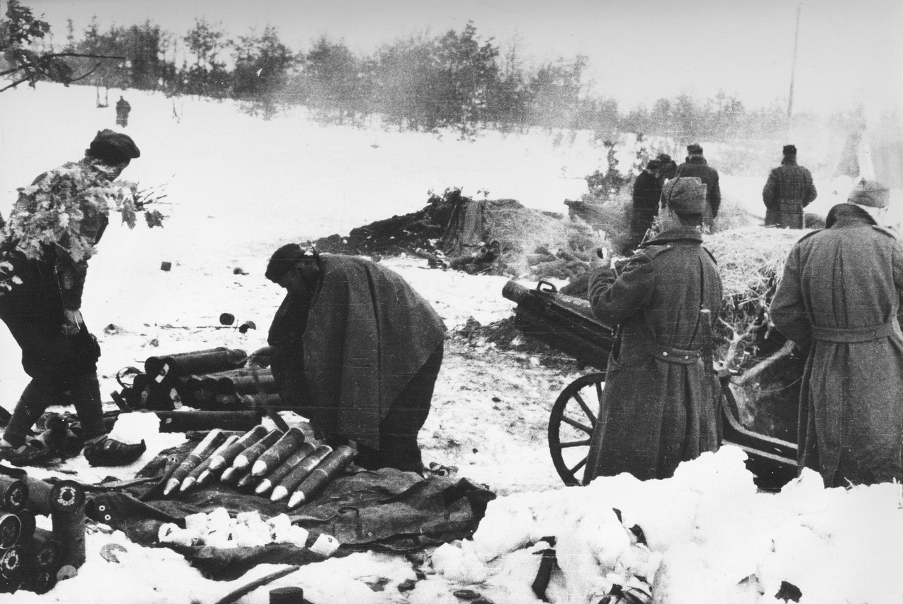 Артиллеристы Народно-освободительной армии Югославии ведут огонь из 75-мм лёгких полевых гаубиц М1, январь 1945 г.