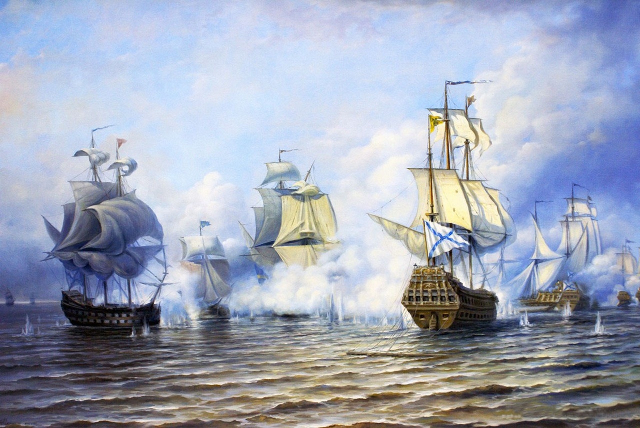 Сражение русских и шведских кораблей в Эзельском бою, 4 июня 1719 г. (картина А.П. Боголюбова).