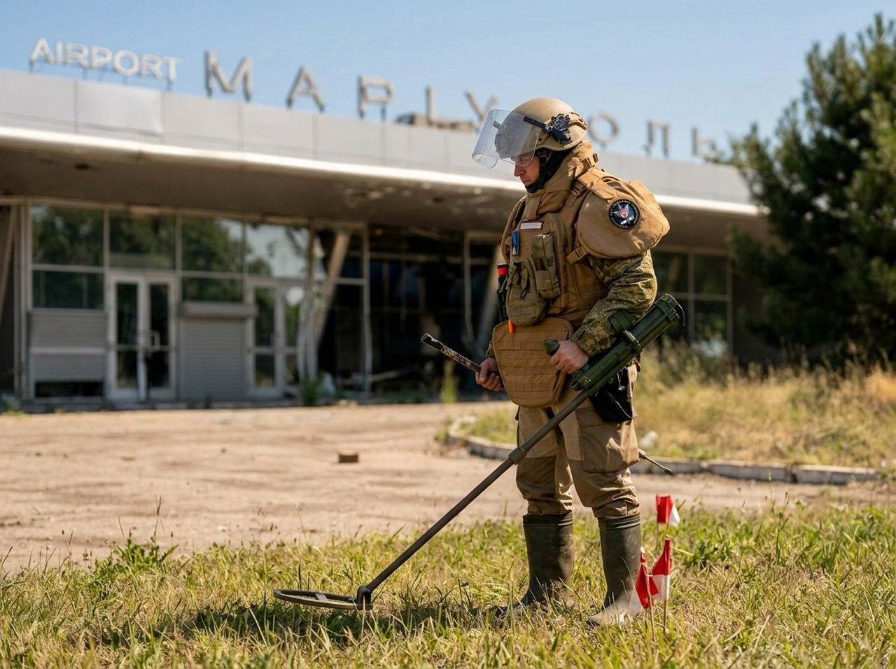 Разминирование подъездной дороги к аэропорту Мариуполя.